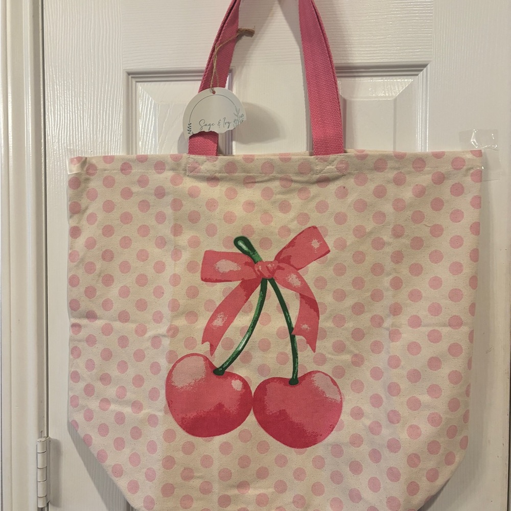 Pink Polka Dot Cherry Tote Bag
